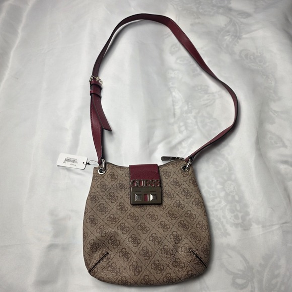 Guess Logo Luxe Mini Bag Womens Brown Burgundy Crossbody Purse Satchel SG710270 - Picture 1 of 11